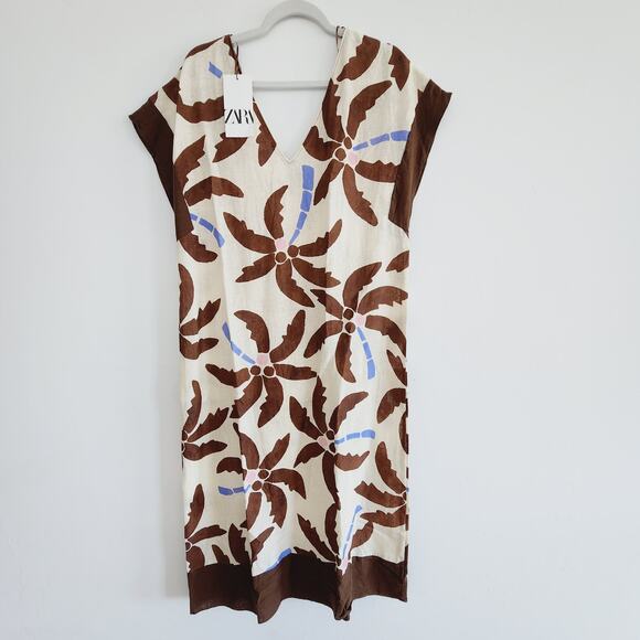 Zara Tropical Palm Tree Print Linen Tunic Maxi / Midi Dress Beige Size Medium - Picture 2 of 5